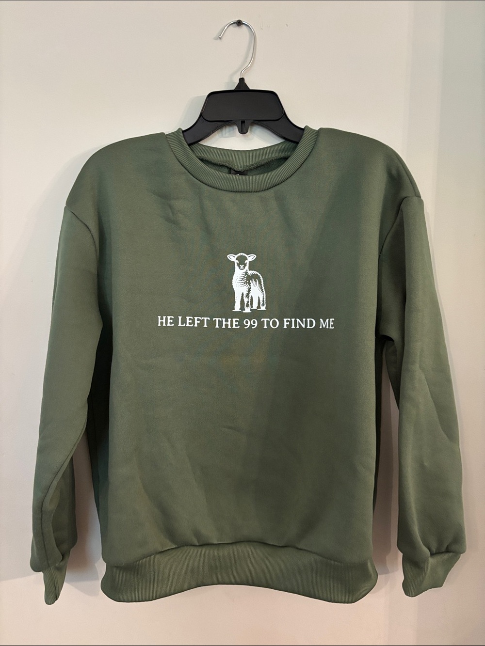 Olive Green Graphic Crewneck Sweatshirt - He Left The 99 To Find Me